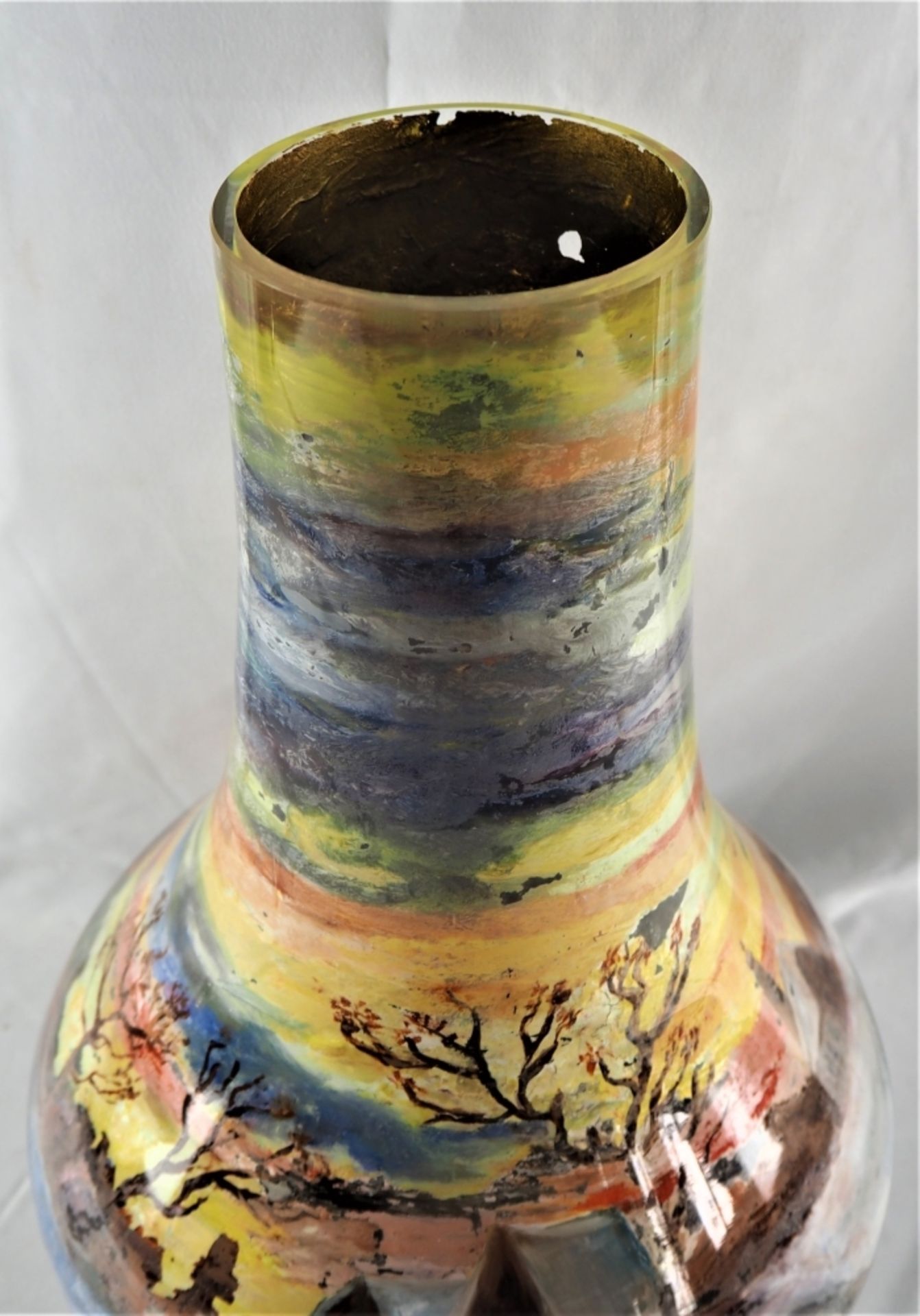 Große Vase bemaltaus durchsichtigem Glas, mit Innenbemalung Landschaft (kaltbemalt), sta - Bild 3 aus 5