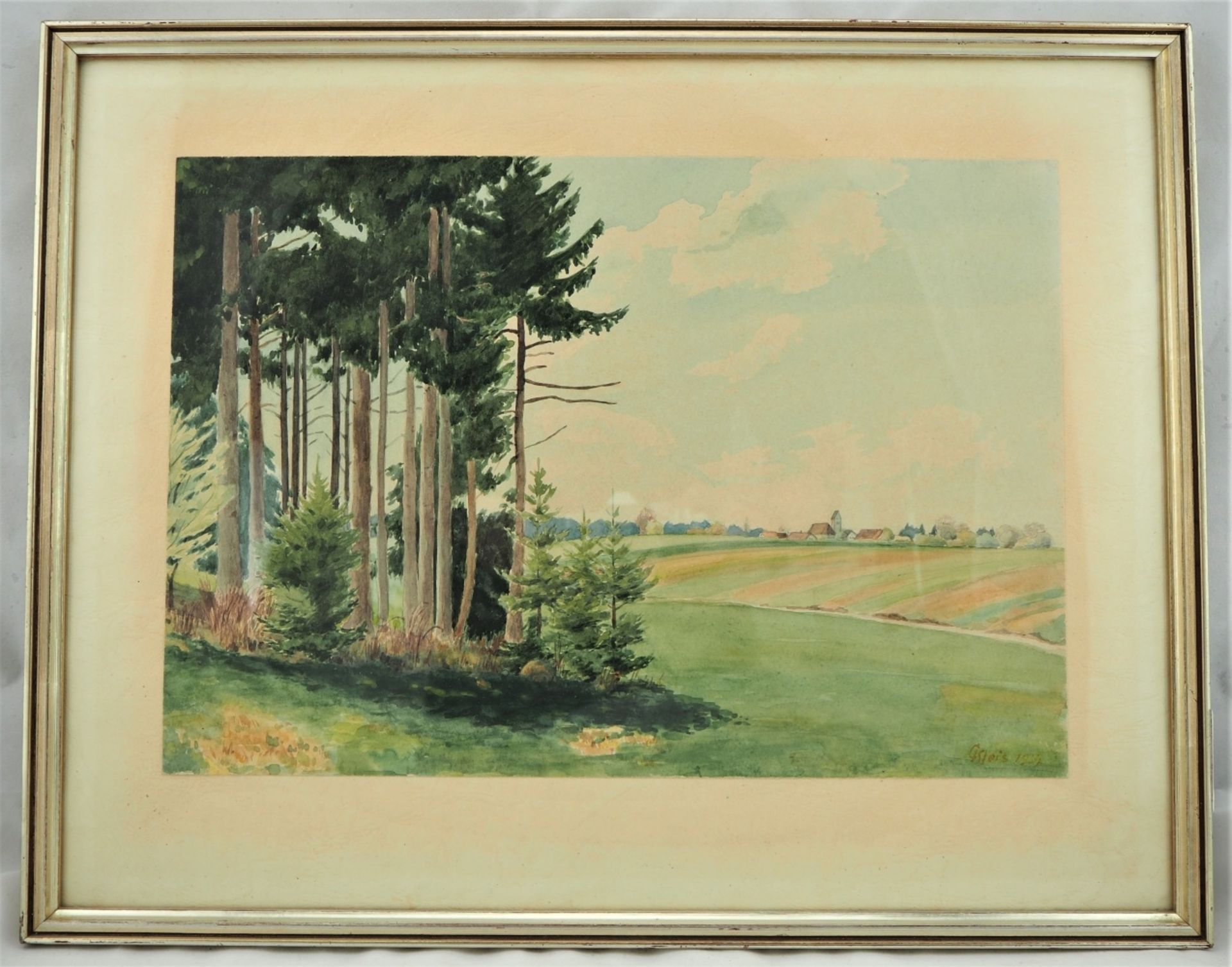 Landschaft mit Feldern und Wäldchen - sign. "C. Kleis 1934"auf Papier. Filigran ausgefüh