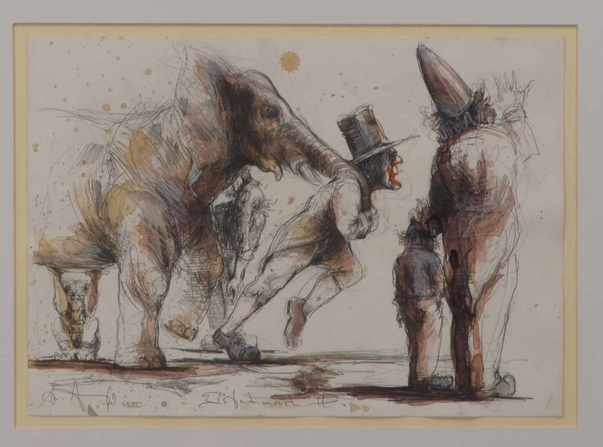 Noßmann, Andreas (1962 Hilden/Düsseldorf), 'Elefant und Clown', Bleistiftzeichnung/Aquarell,