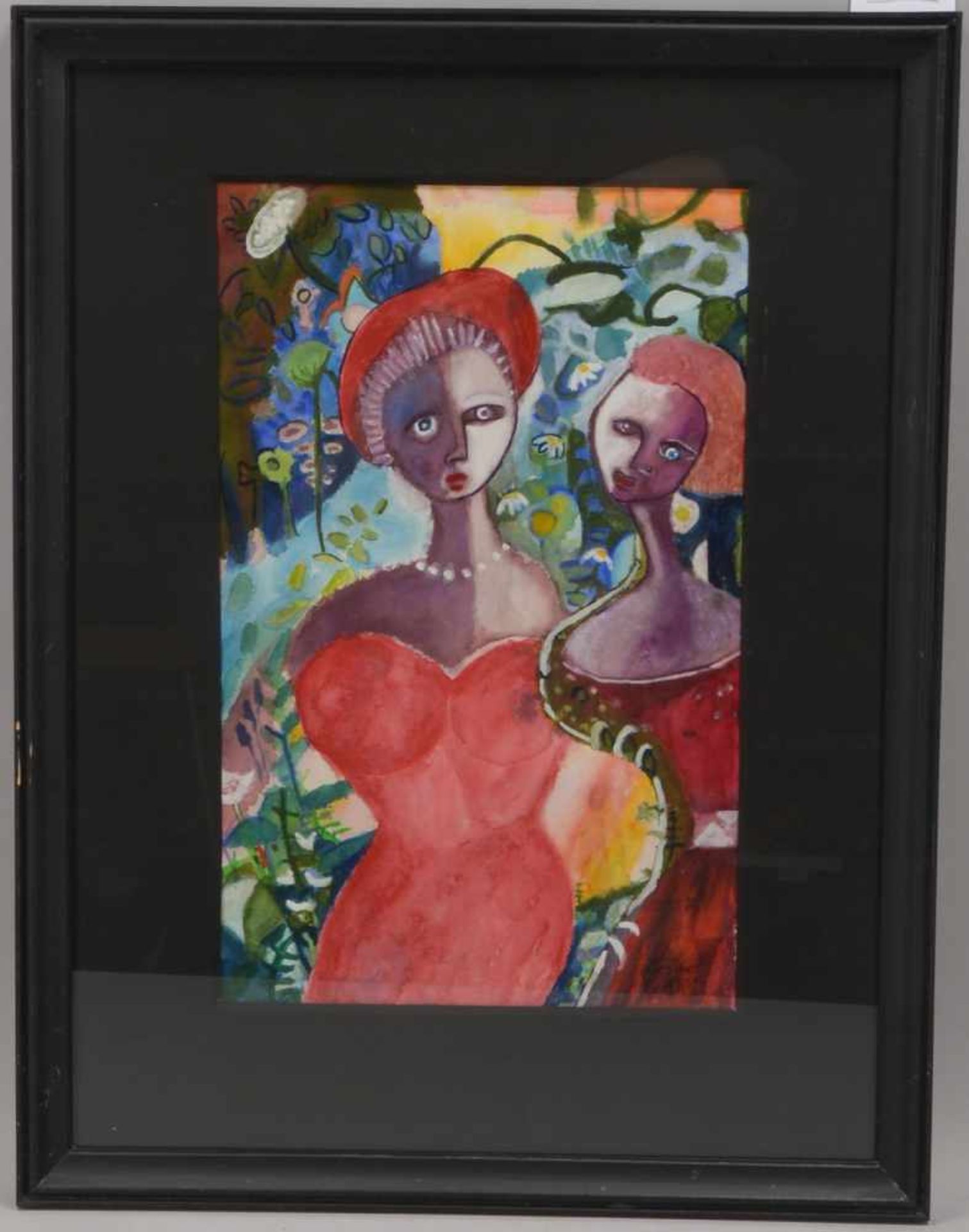 Arps, Gesine (*1964), 'Frauen im Blumenfeld', Aquarell, unten rechts signiert, hinter Glas