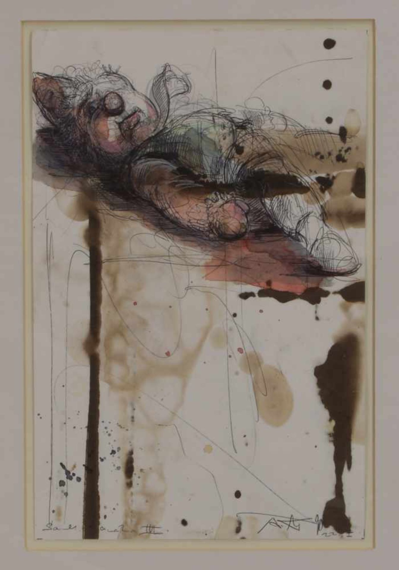 Noßmann, Andreas (1962 Hilden/Düsseldorf), 'Liegender Clown', Zeichnung/Aquarell, signiert und