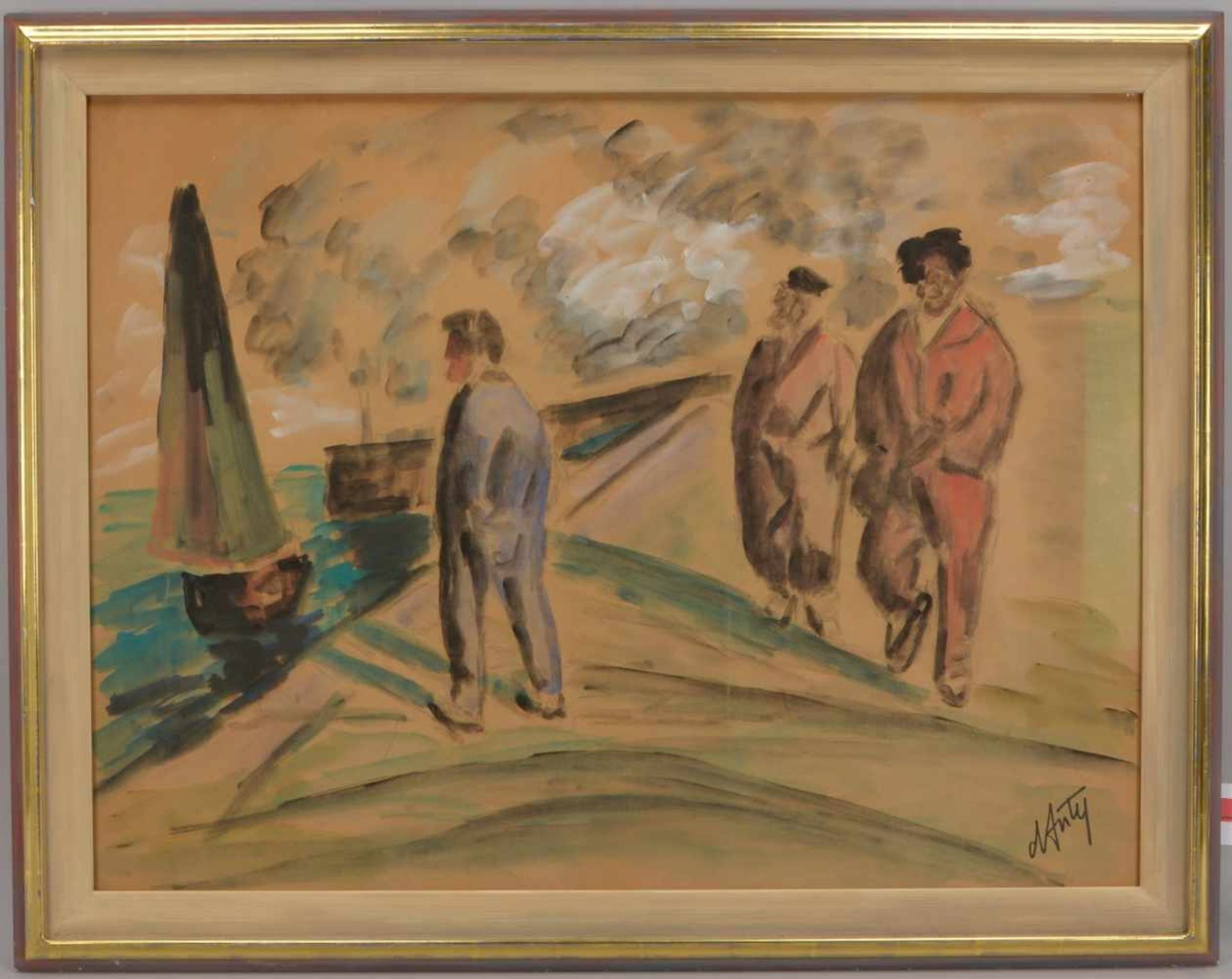 D'Anty, Henry Maurice (1910 - 1998, Paris; Maler des Fauvismus), 'Personengruppe am Kai', Gouache