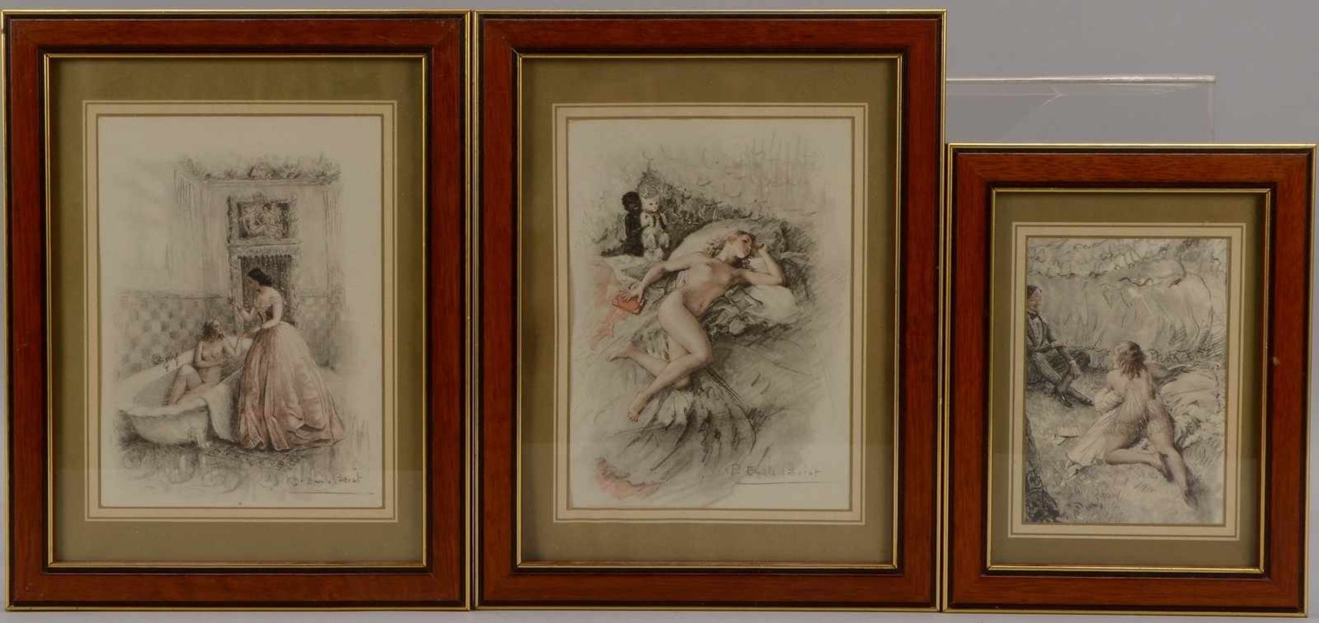 Bécan, Paul-Emile, 3 Drucke, 'Erotische Szenen', jeweils hinter Glas gerahmt; 1x Blattmaße 13 x 9