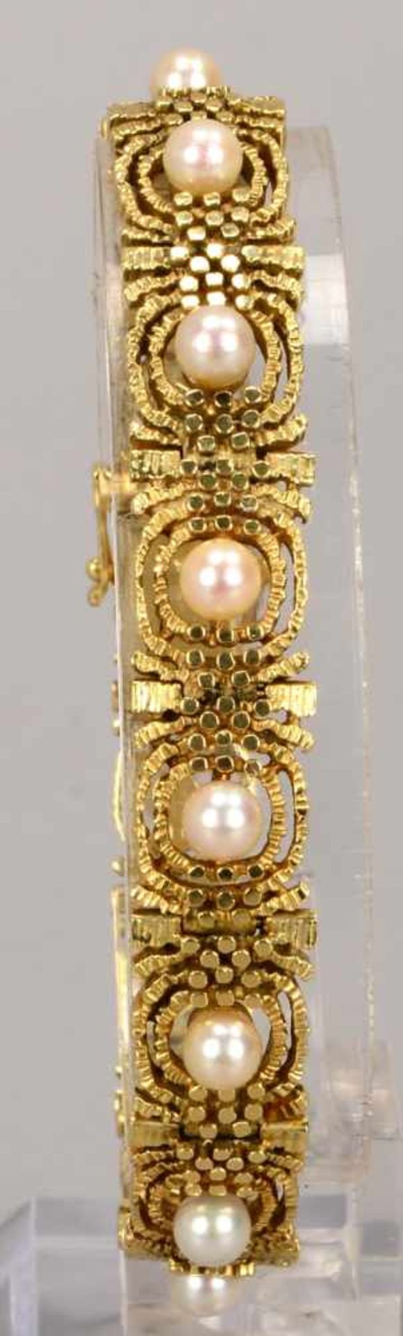 Armband, 585 GG, mit Perlenbesatz, mit Kastenschließe/Schließe mit doppelter Sicherheitsacht; - Bild 2 aus 2