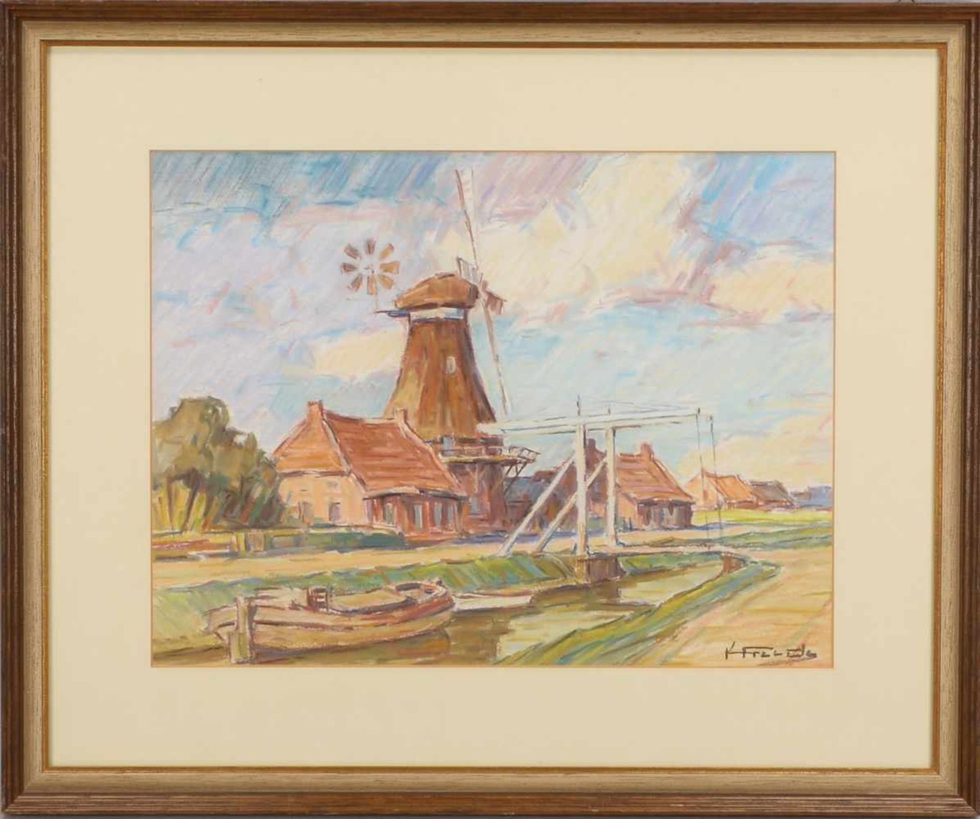 Freede, Karl (1908 - 1998), 'Windmühlen am Kanal', Kreidepastell, signiert, unter Passepartout