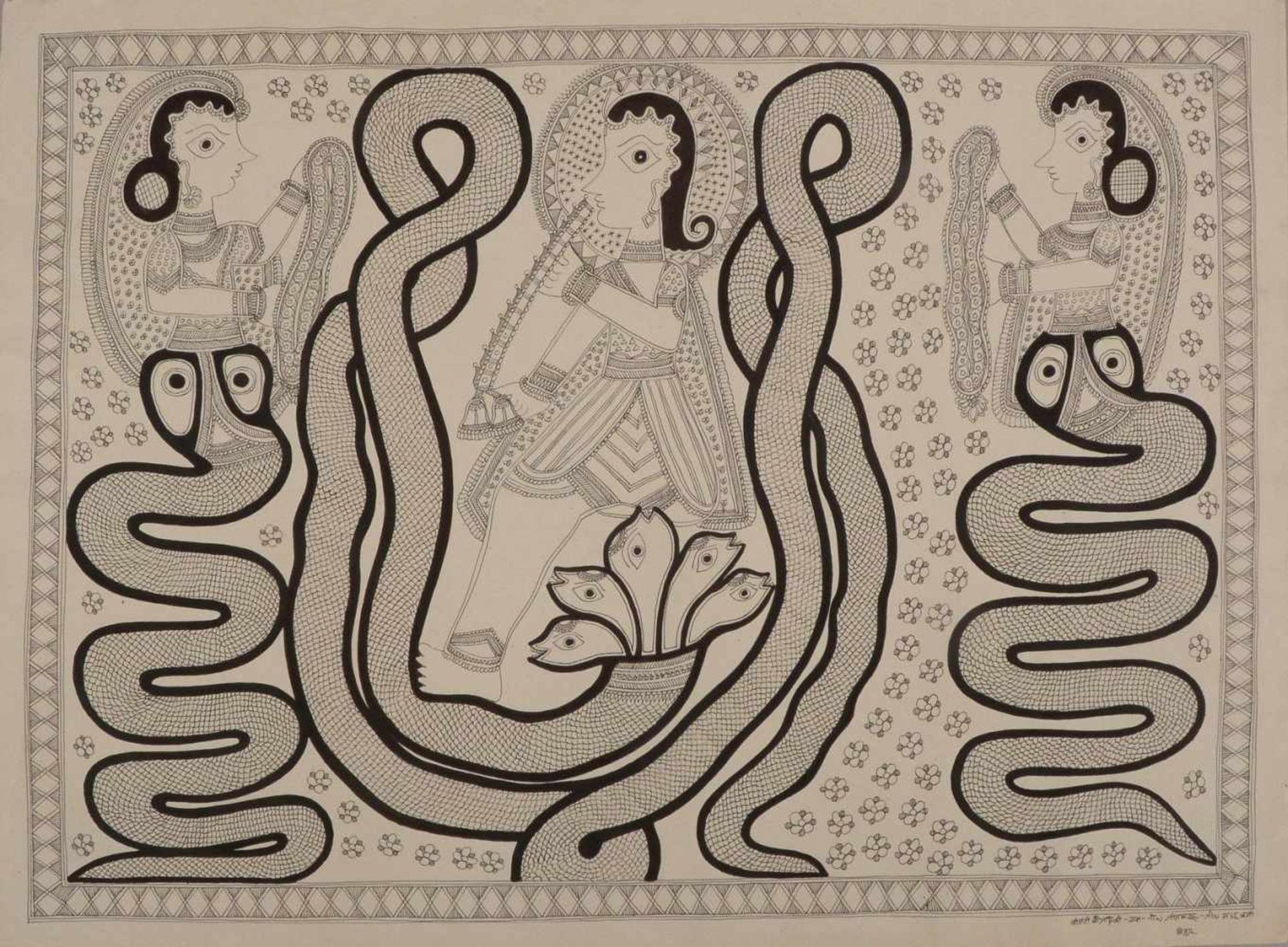 Devi, Bana, 'Schlangenbeschwörerin', Zeichnung auf Papier, signiert; Blattmaße 56 x 75,5 cm (
