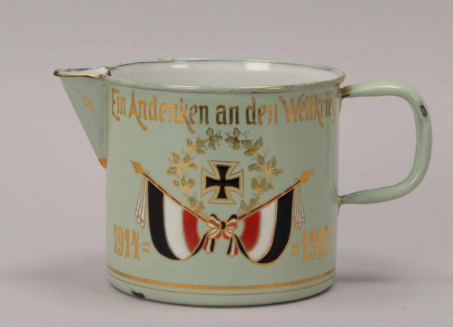 Milchtopf (I. WK), mit Inschrift, 'Ein Andenken an den Weltkrieg 1914 - 1915', emailliert/mit