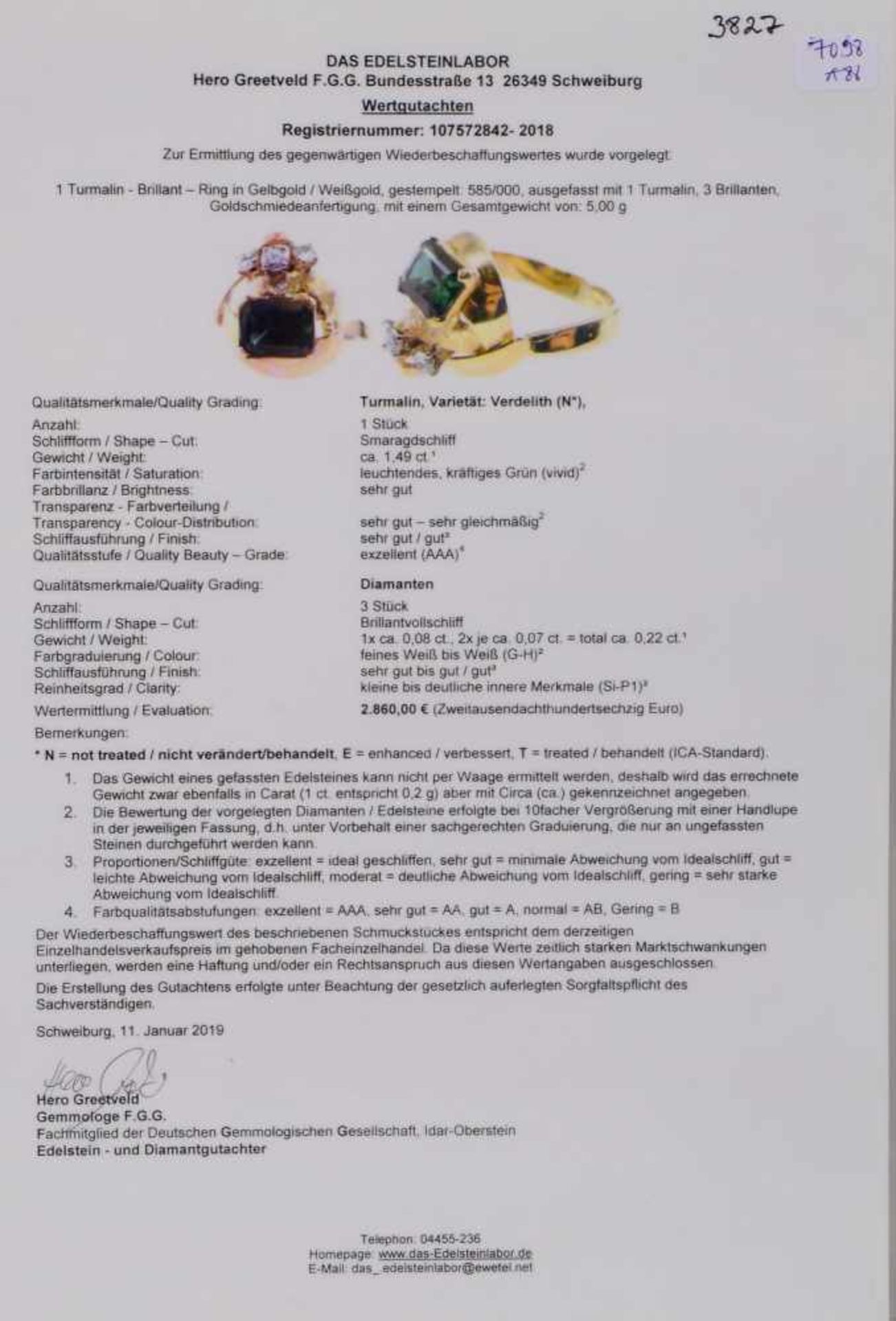 Ring, 7585 GG, besetzt mit einzelnem Turmalin von ca. 1,49 ct, Stein im Smaragdschliff, und 3-fachem - Bild 3 aus 3