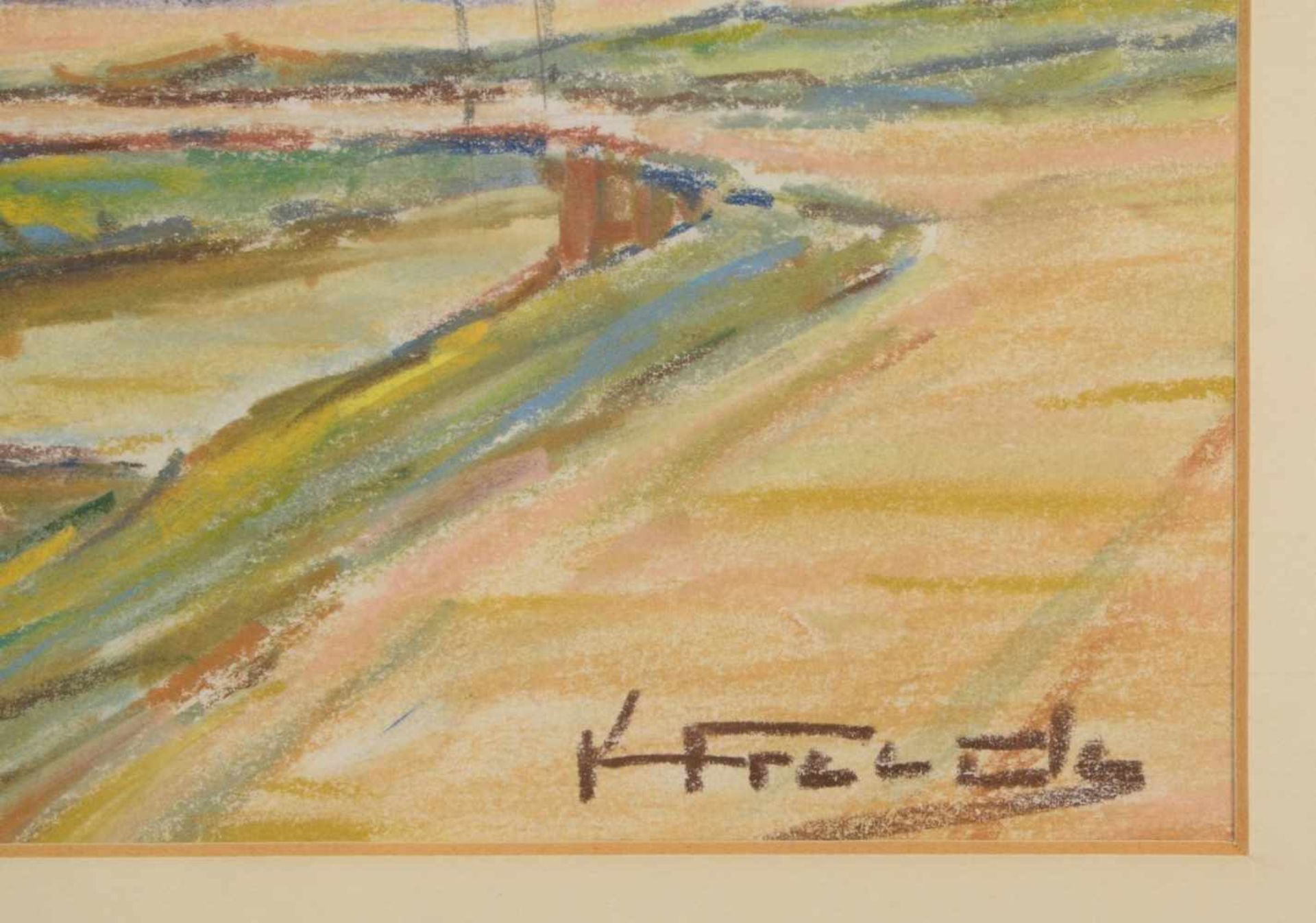Freede, Karl (1908 - 1998), 'Windmühlen am Kanal', Kreidepastell, signiert, unter Passepartout - Bild 2 aus 2