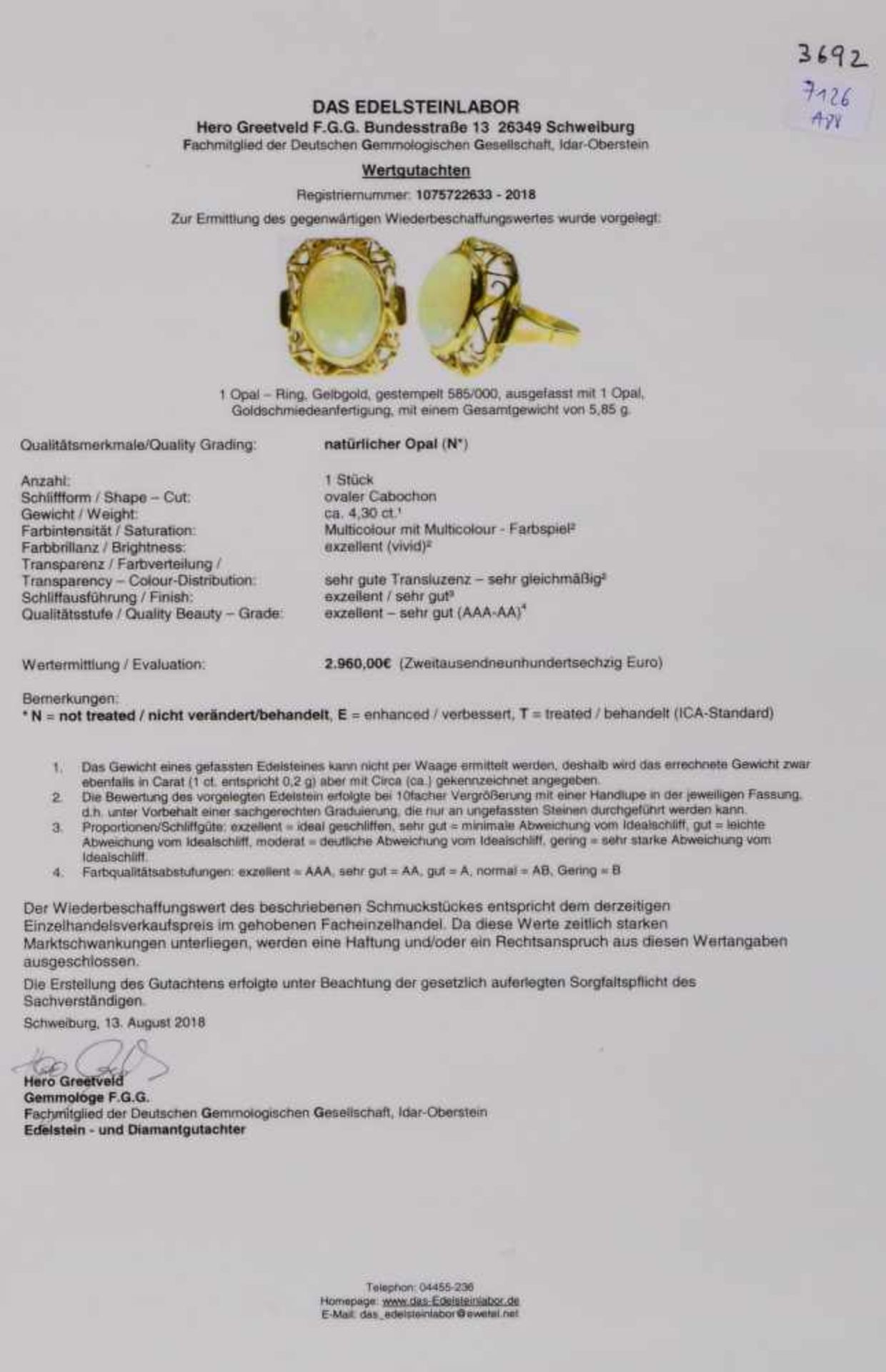 Ring (Goldschmiedearbeit), 585 GG, besetzt mit einzelnem Opal von ca. 4,30 ct, Stein im Cabochon- - Bild 3 aus 3