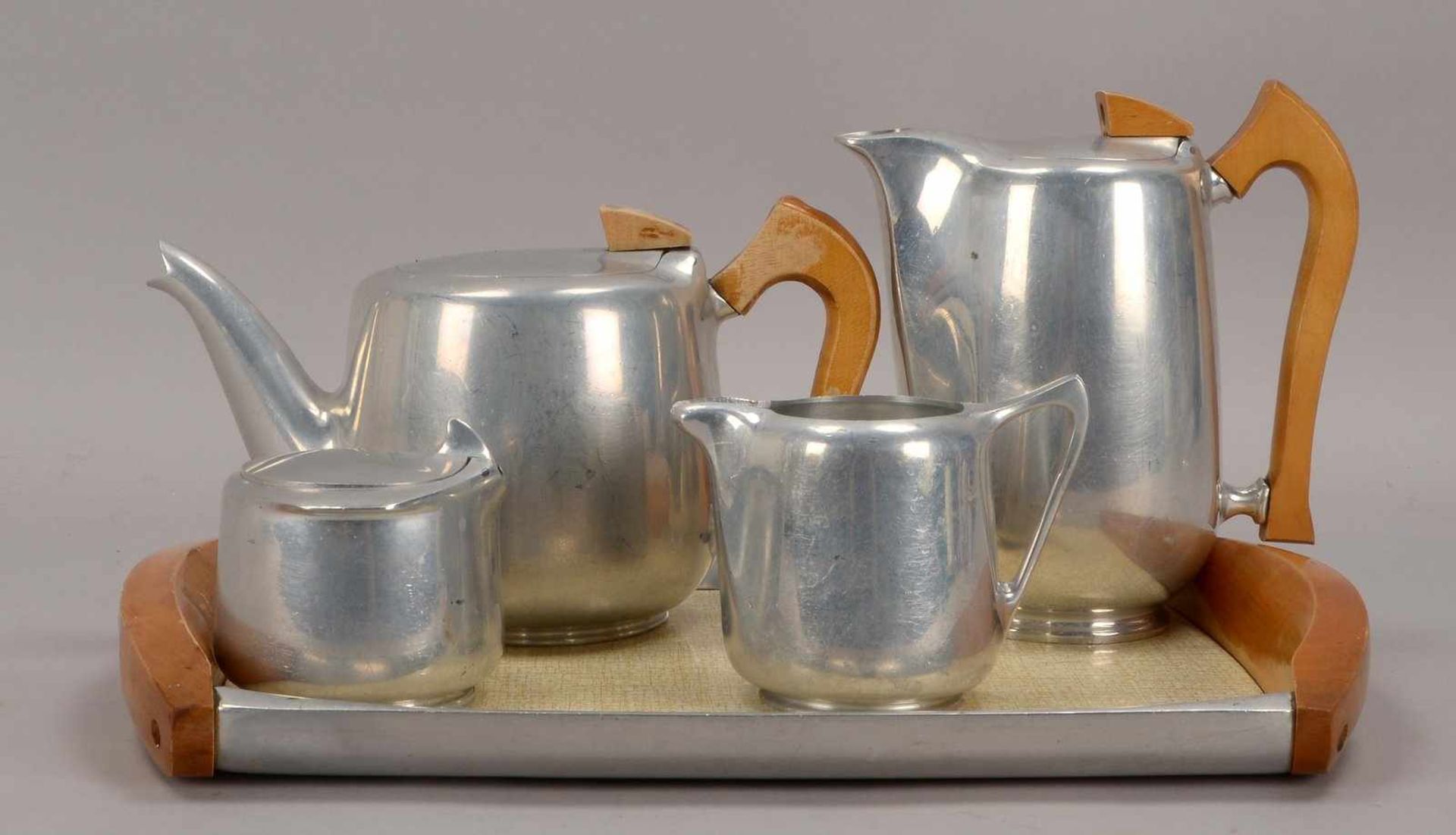 Art déco-Kaffeeservice/Teeservice ('Picquot-Ware' - England, 1950er Jahre), Aluminium/Holz, - Bild 2 aus 2