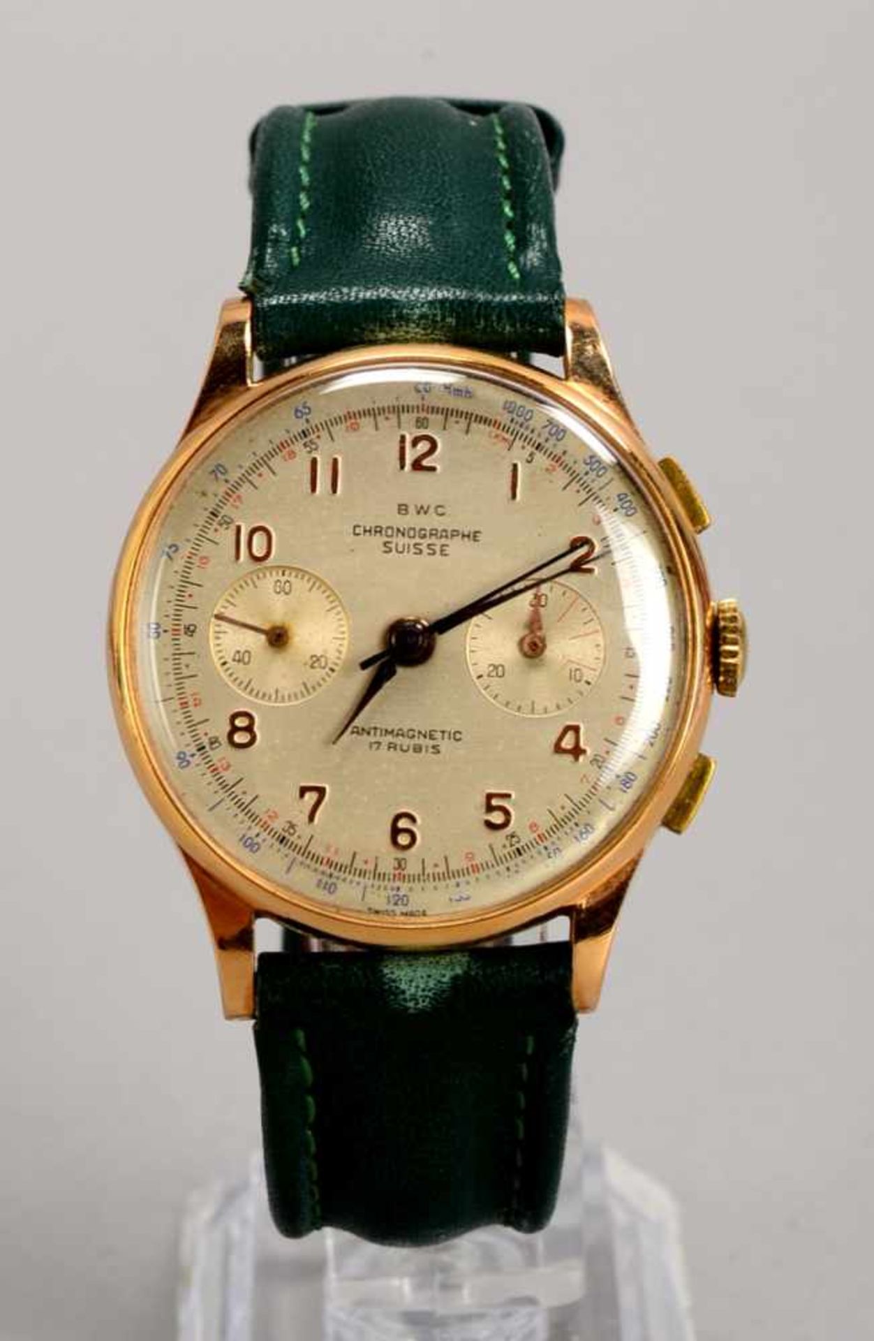 Herren-Armbanduhr, BWC-Swiss, mit Chronograph, 750 Goldgehäuse, Landeron-Werk, Cal. 55, '17