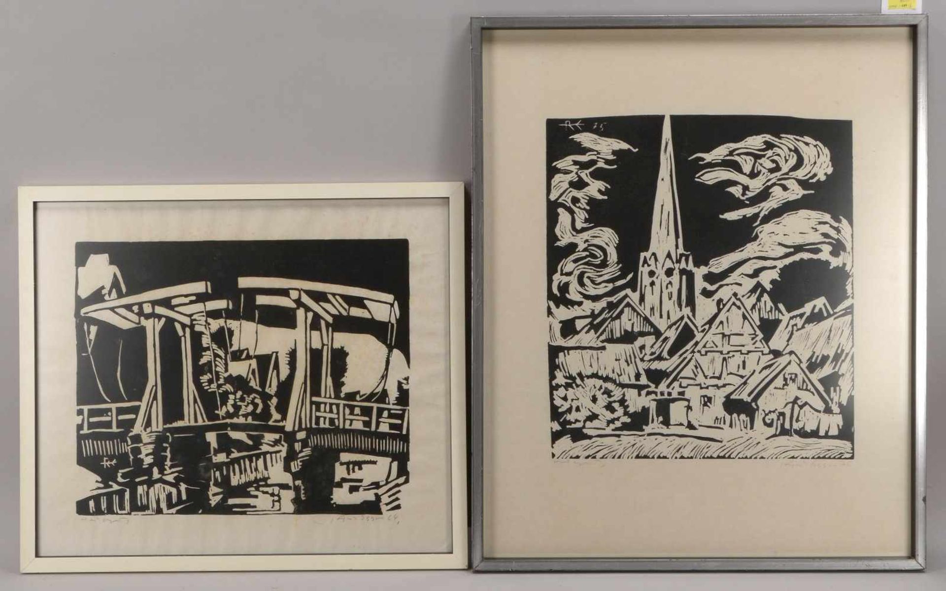 Eggers, Richard (1905 - 1995), 2 Holzschnitte, jeweils signiert und datiert, hinter Glas gerahmt; 1x