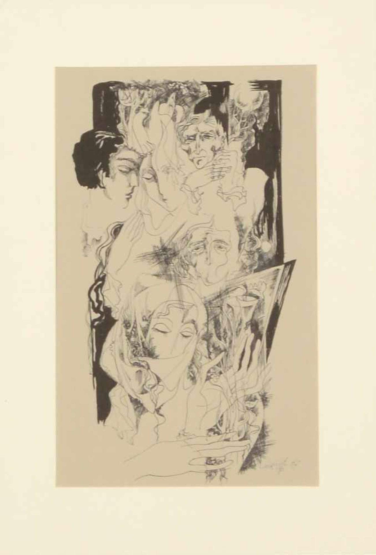 Christo/Hristo, Panev (*1942 Krepost/Bulgarien), 'Mehrfigurige Trauerszene', Federzeichnung, unten