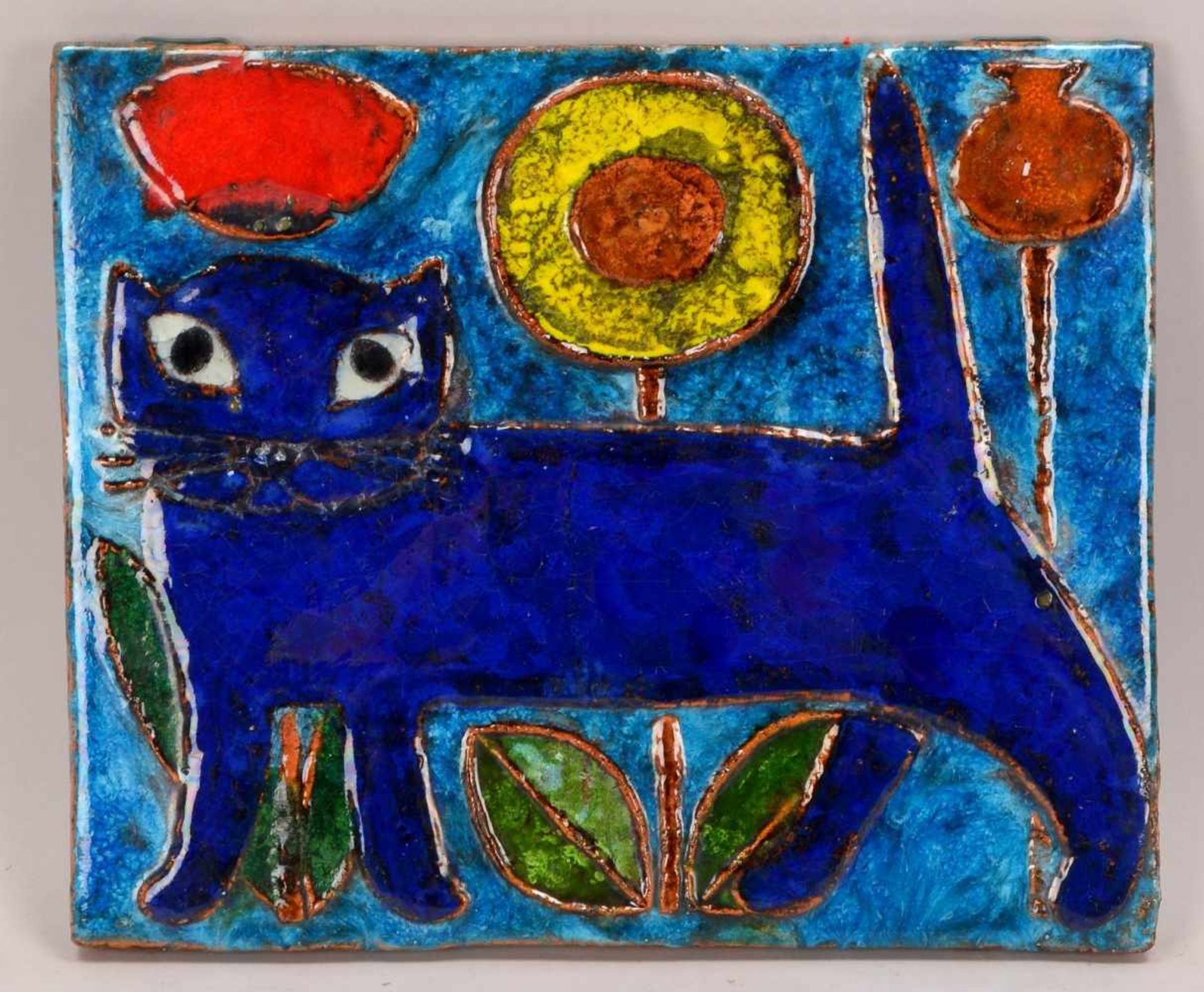 Weichberger, Heide (1922 - 1980, Worpsweder Keramikkünstlerin), Wandbild, 'Blaue Katze mit