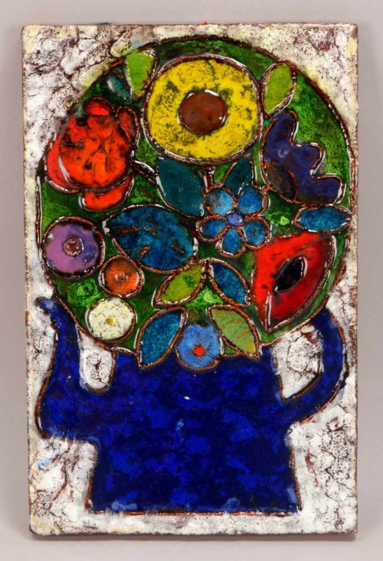 Weichberger, Heide (1922 - 1980, Worpsweder Keramikkünstlerin), Wandbild, 'Blumen in blauem Krug',