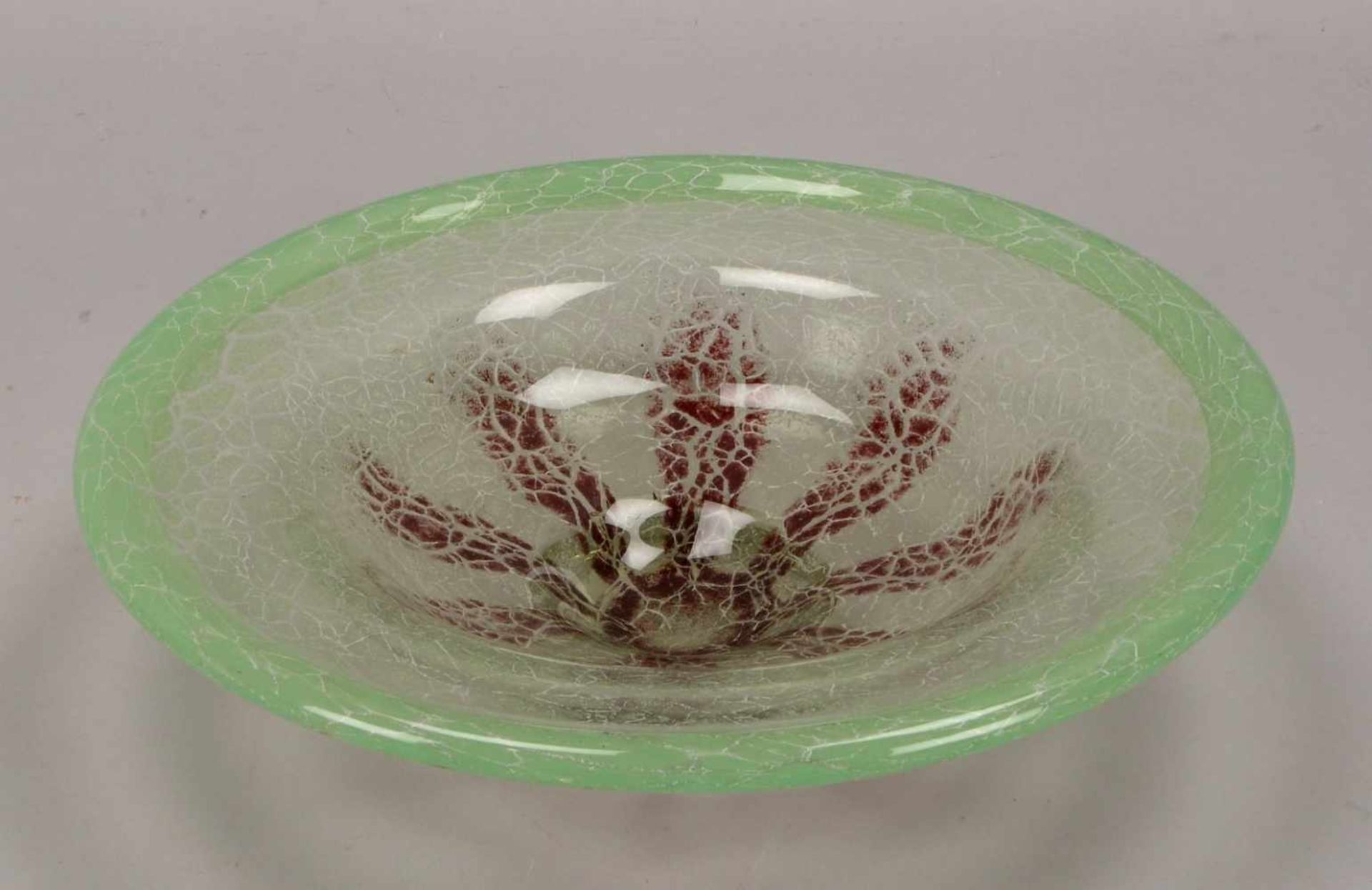WMF Ikora, Schale, farbloses dickwandiges Glas mit grünem und braunem Unterfang, Glas mit Craquelé-