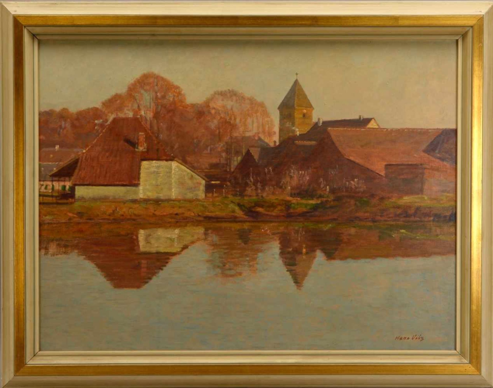Vilz, Hans (1902 Essen - 1971 Düsseldorf), 'Dorf am Fluss', Öl/Lw, unten rechts signiert; Bildmaße