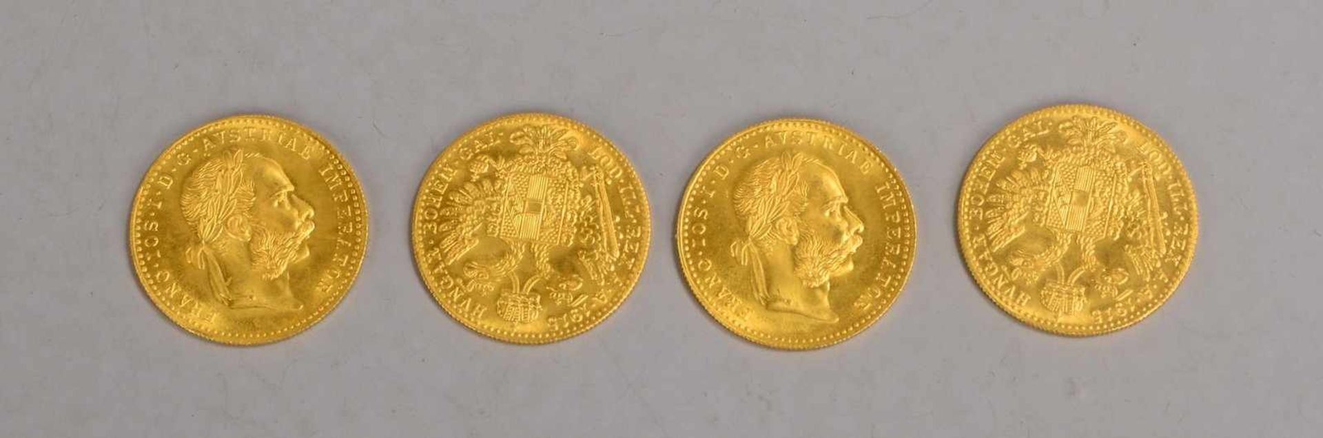 Satz Golddukaten, 986/1.000 Gold, 'Franz Josef I, Österreich-Ungarn', 'AA 1915', 4 Stück; Gewicht