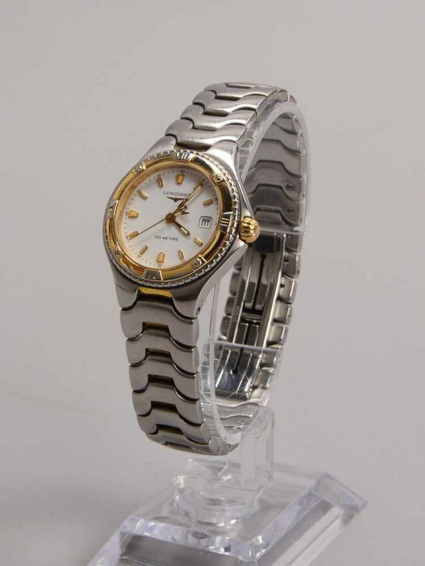 Damen-Armbanduhr, Longines, Edelstahlgehäuse/teilweise vergoldet, Quarzwerk, weißes Ziffernblatt mit