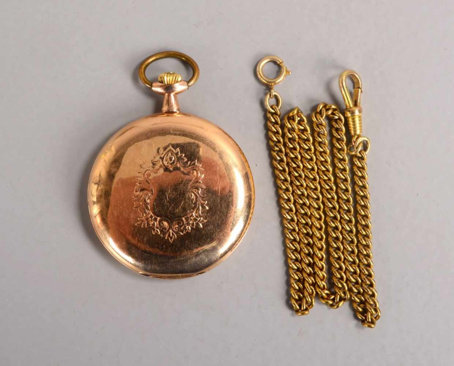 Taschenuhr (Schweiz), 585 RG, 3x Golddeckel, mit weißem Ziffernblatt mit arabischen Ziffern, - Bild 4 aus 4