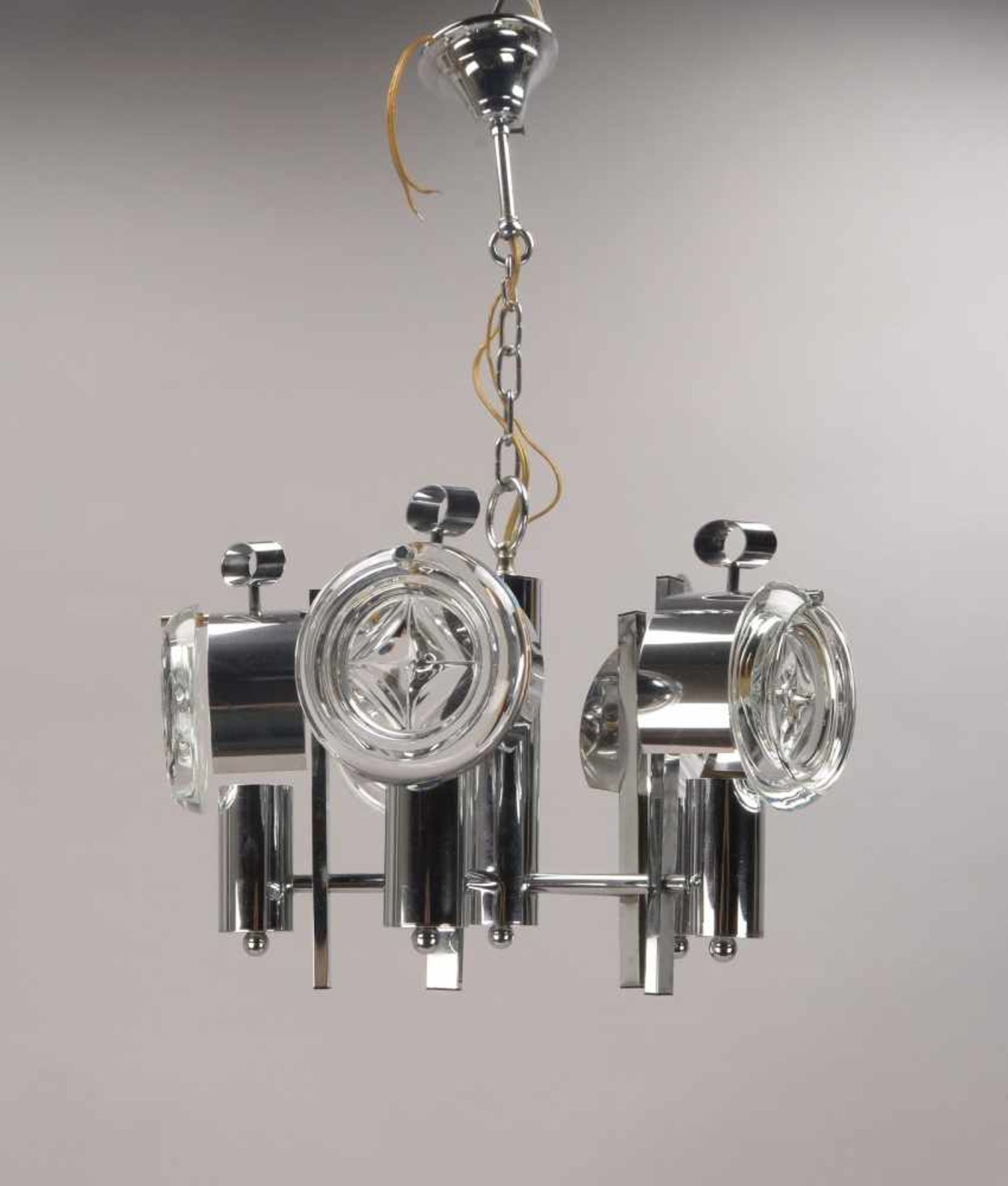 Deckenlampe, 5-flammig, Chromgestell, funktionstüchtig; Abhänghöhe 65 cm, Durchmesser Ø 45 cm