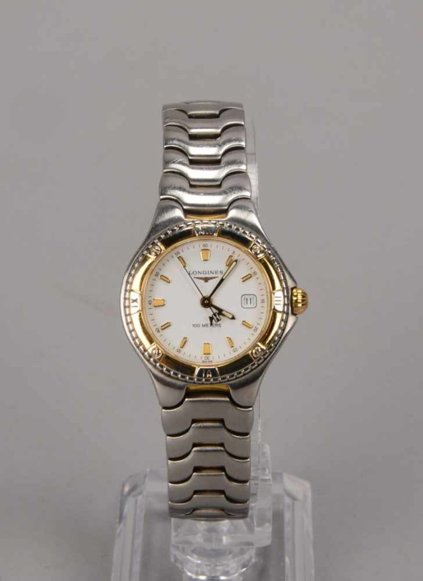 Damen-Armbanduhr, Longines, Edelstahlgehäuse/teilweise vergoldet, Quarzwerk, weißes Ziffernblatt mit - Bild 2 aus 3