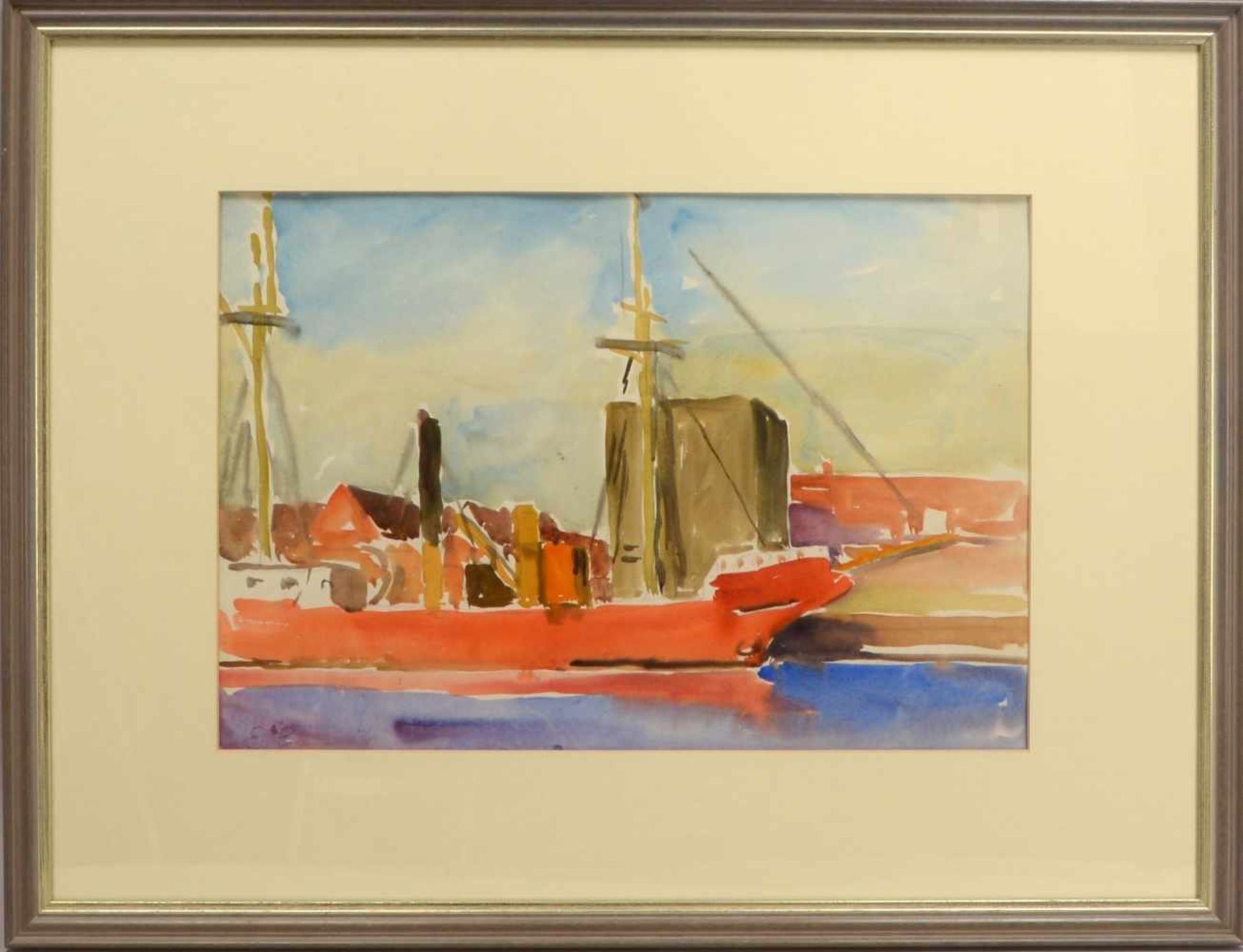 Brose, Emil (1901 Nordenham - 1962 Oldenburg), 'Frachtschiff vor Hafenkulisse', Aquarell, unten