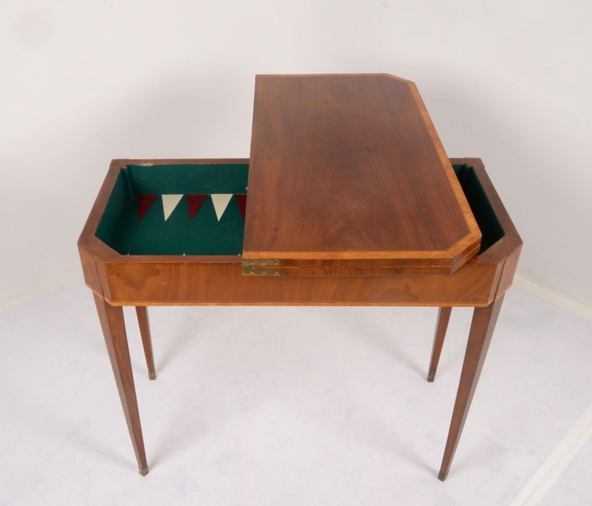 Konsolentisch/ehemals Spieltisch, Mahagonifurnier mit Birkenholz-Rand, aufklappbar/innen mit - Bild 3 aus 4