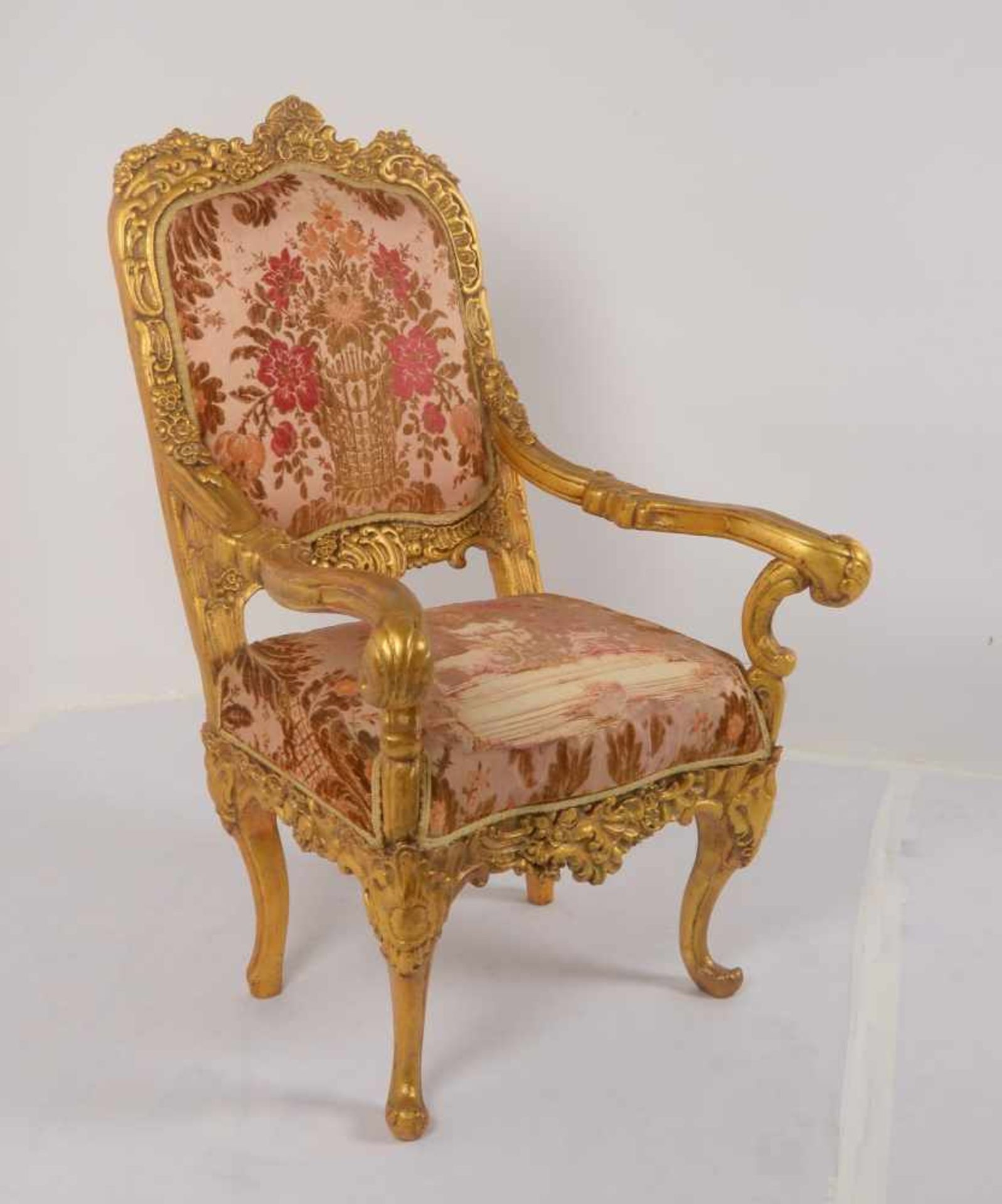Prunksessel (Stilmöbel), Holz vergoldet, Rückenlehne und Sitzfläche stoffbezogen; Sitzhöhe 45 cm, - Bild 2 aus 2