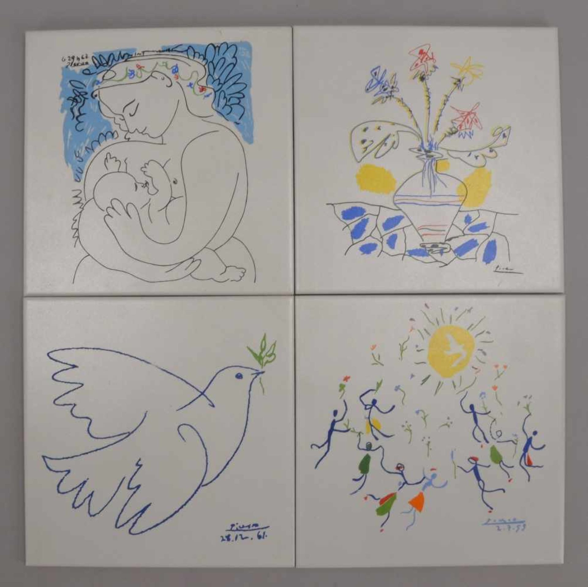 Zirconio/Spanien, 4x Keramikfliesen, mit Siebdruck, 'Picasso'-Motiv, in limitierter Auflage, 4
