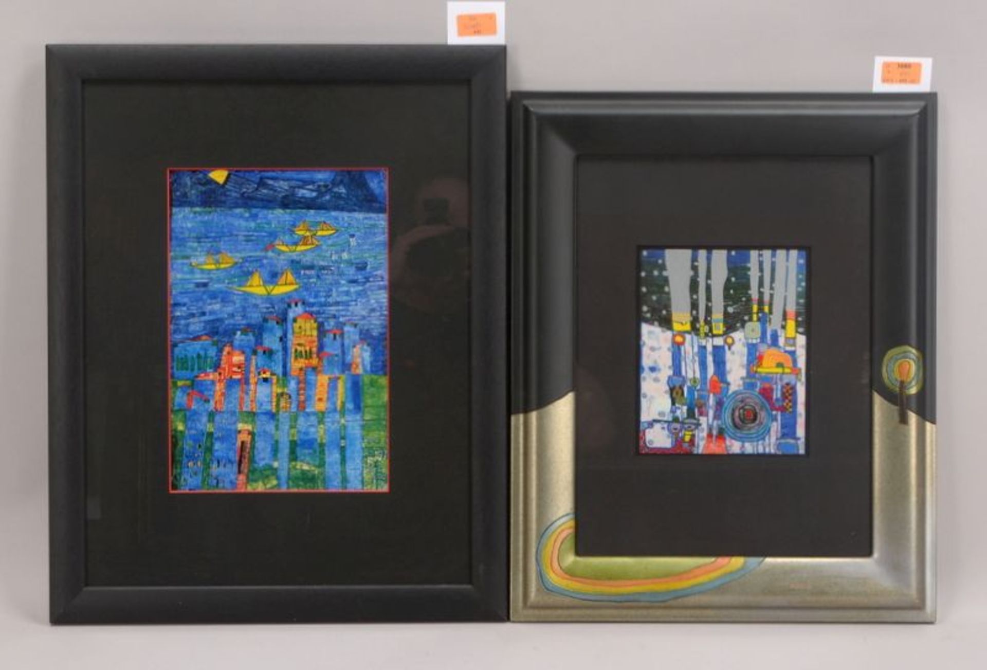 Hundertwasser, Friedensreich, 2x dekorative Drucke, jeweils hinter Glas gerahmt; 1x Blattmaße 20 x