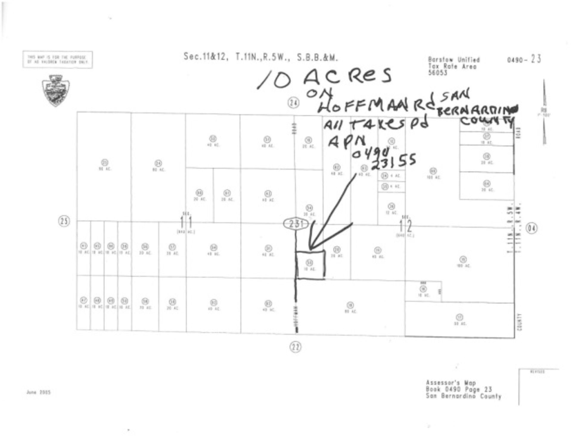 10 Acres In San Bernardino County California, Located On Hoffman Road, Legal Description: S 1/2 W