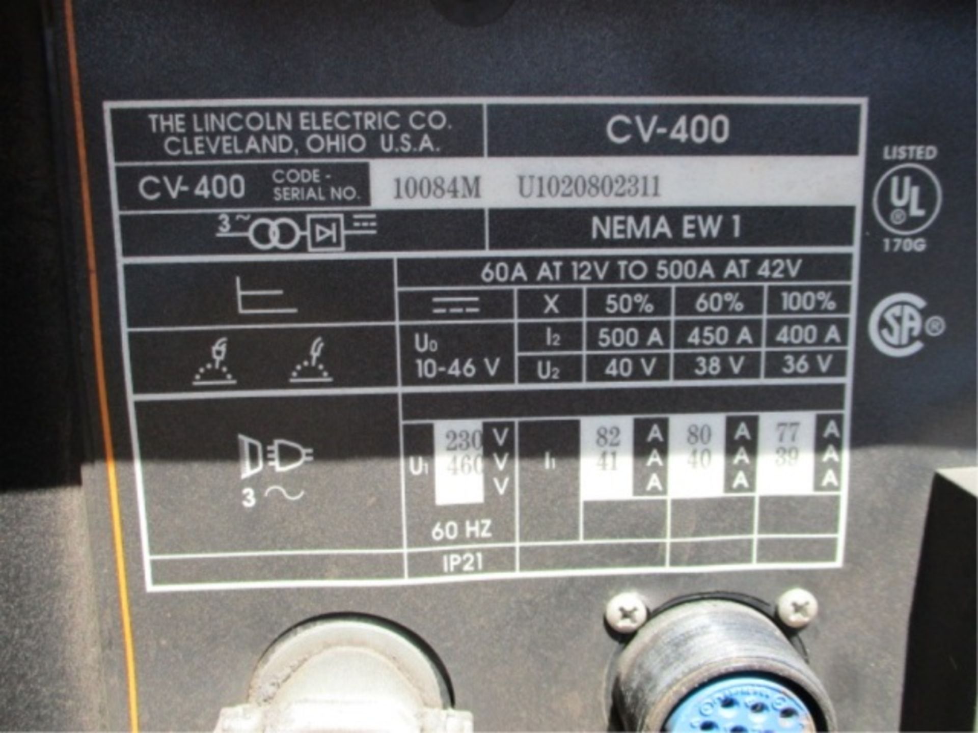 Lincoln Electric CV-400 Welder, S/N: U1020802311 - Image 7 of 9