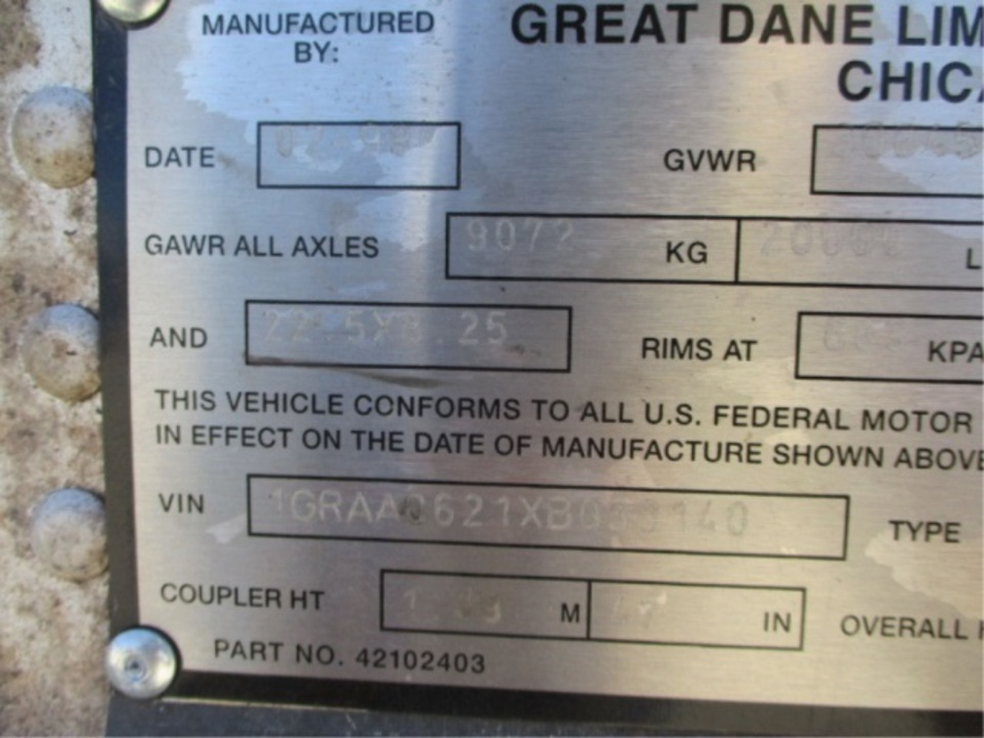 Great Dane T/A Van Trailer, 53', Rear Swing Doors, Aero Skirts, 68,000# GVWR, S/N: - Image 17 of 18