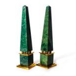 2 RAJASTHAN DARK GREEN OBELISK WITH BRASS BASE