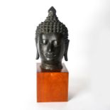 SOUTH ASIAN BRONZE HEAD OF BUDDHA ON WOODEN BASE