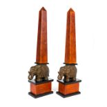 2 VINTAGE BERNINI BURLWOOD BOOKEND OBELISKS, BRONZE ELEPHANTS