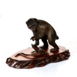 JAPANESE MEIJI PERIOD BRONZE MONKEY ON WOOD BASE