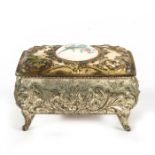 JAPANESE SILVER PLATED TRINKET BOX, CERAMIC INLAY BIRDS