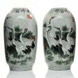 PAIR OF MONUMENTAL GUAN WARE VASES, CRANES