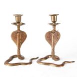 PAIR OF BRONZE INDIAN COBRA CANDLE STANDS