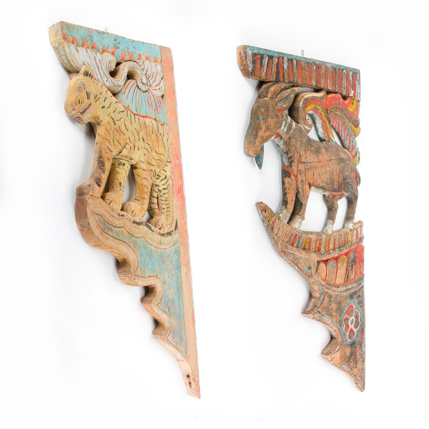 PAIR 19TH C. THAI TEMPLE BRACKETS, ZODIAC TIGER AND GOAT - Image 7 of 7