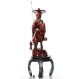 HAND CARVED CHERRYWOOD CHINESE FISHERMAN STATUE & BASE