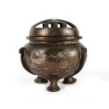 CHINESE BRONZE POT WITH LID, MYTHICAL BEASTS