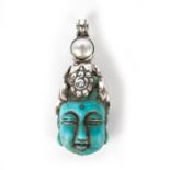 CARVED TURQUOISE BUDDHA PENDANT W. SILVER AND PEARL