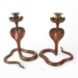 PAIR OF BRONZE COBRA CANDLE HOLDERS, INDIA