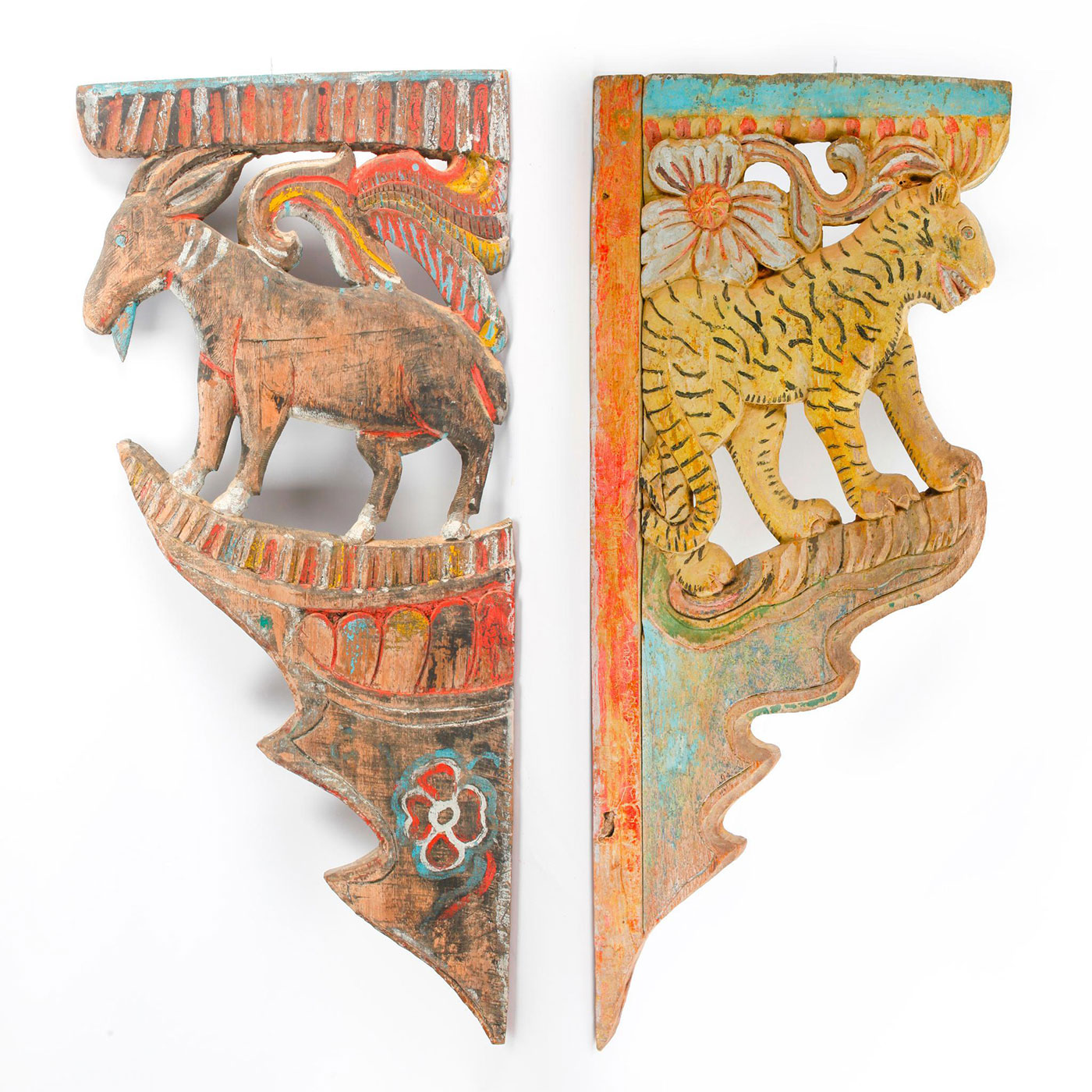 PAIR 19TH C. THAI TEMPLE BRACKETS, ZODIAC TIGER AND GOAT