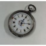 A small Continental silver fob watch with engraved