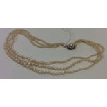 A triple string of pearl beads with gold clasp. Ap